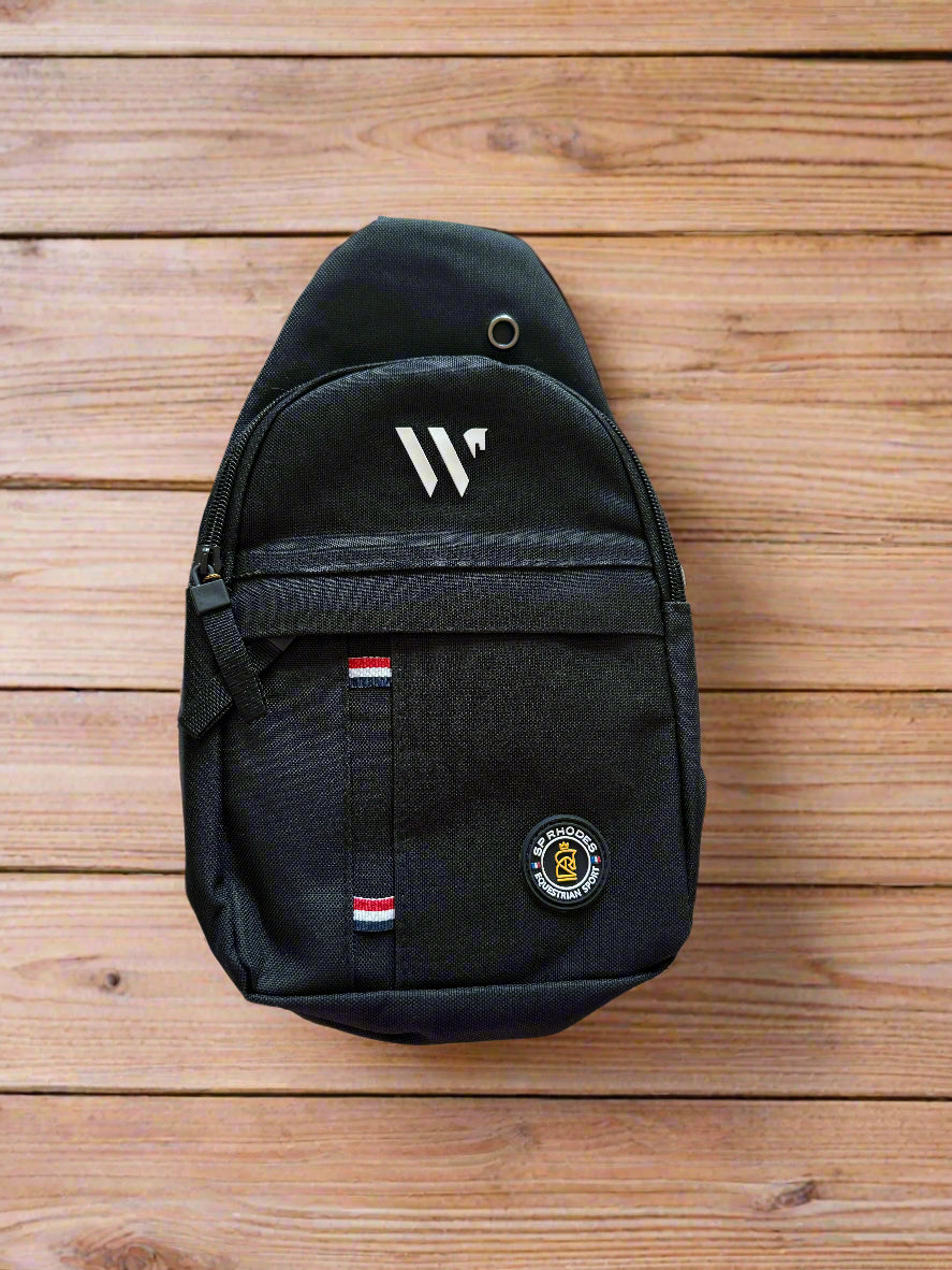 black cross body bag with wellington international logo