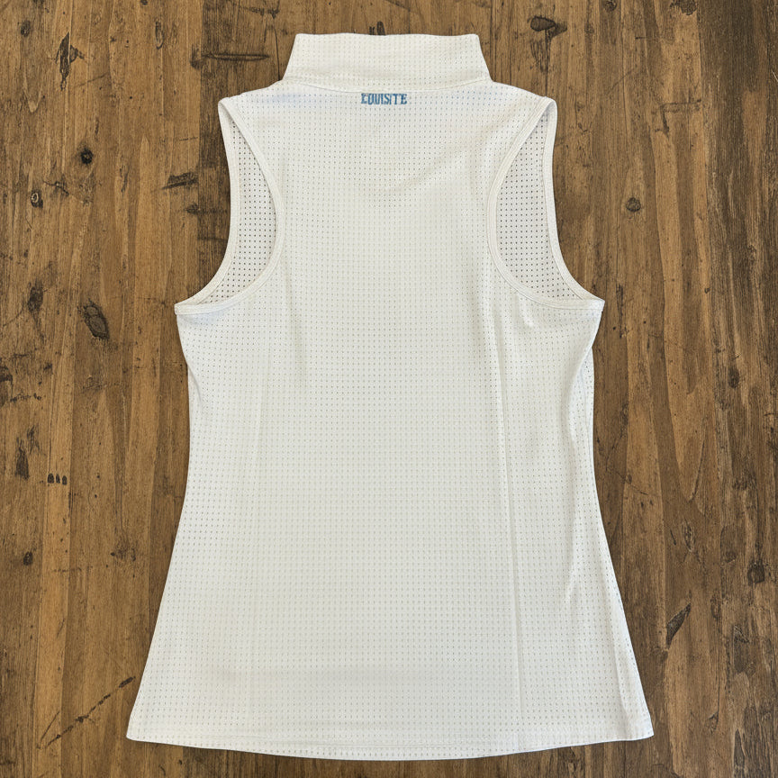 EE Blair mockneck sleeveless WEF shirt back on table