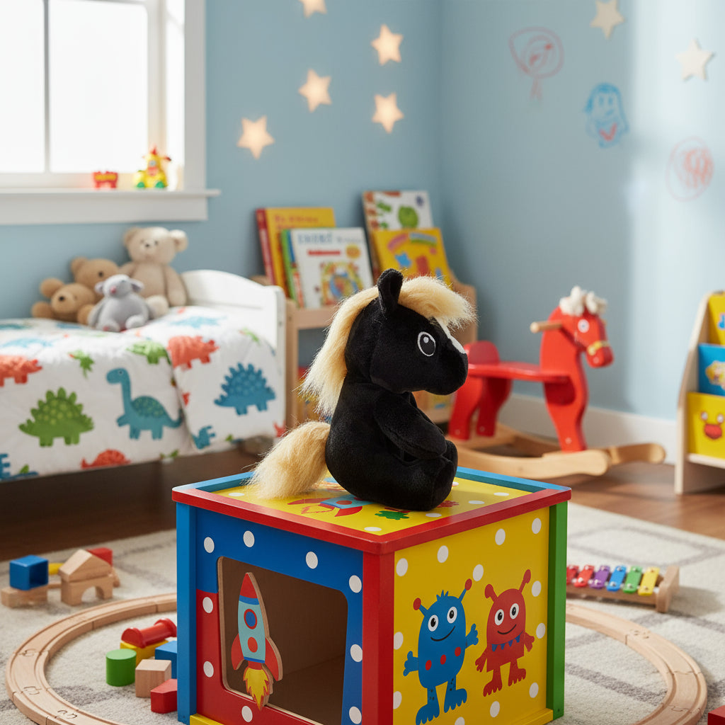 Plush toy horse head with black body and blonde mane and tail in a child's room