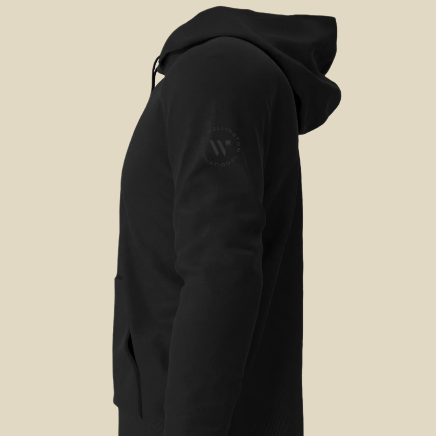 wellington international black hoodie sweatshirt side view