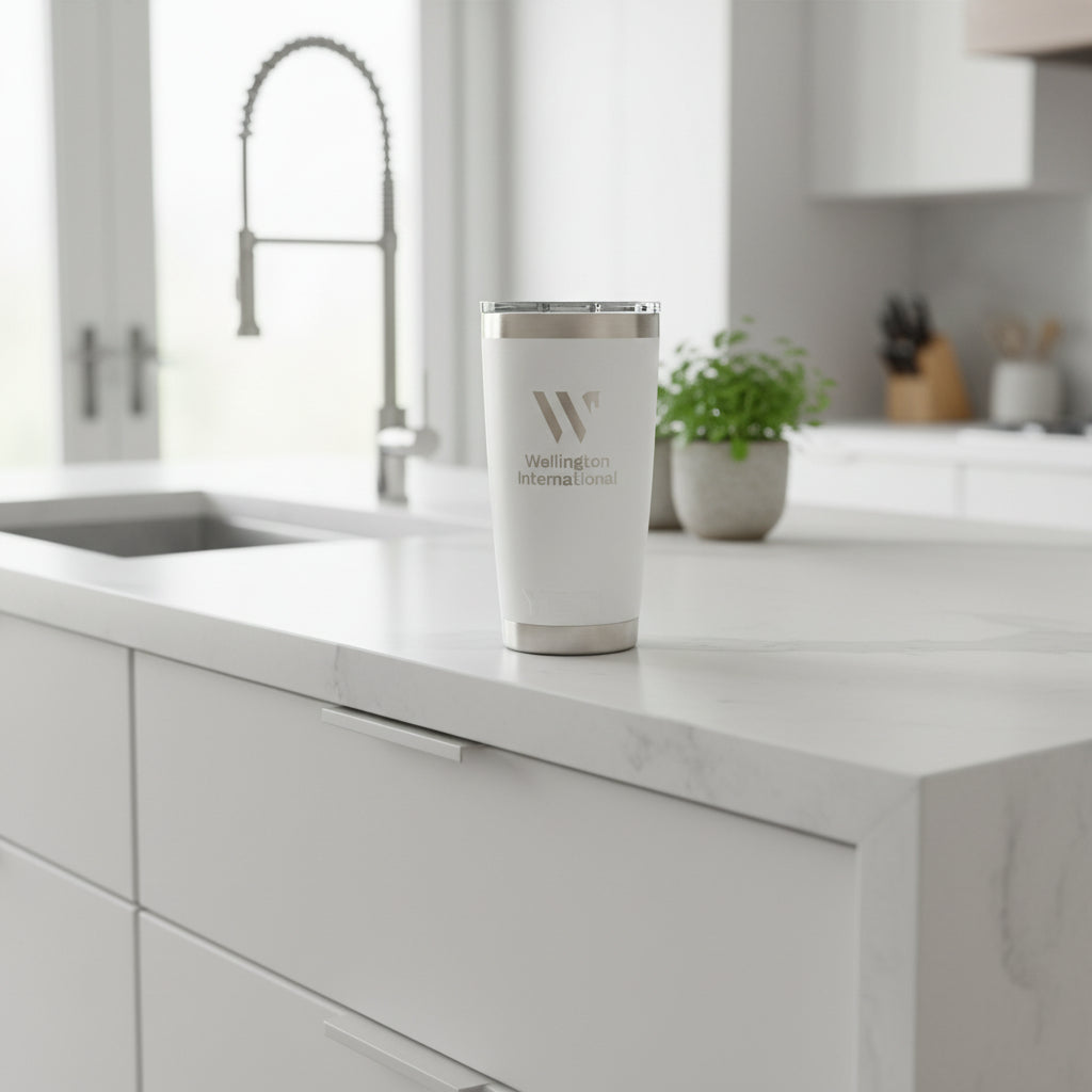 Wellington International 20 oz Rambler Mug White on a kitchen counter