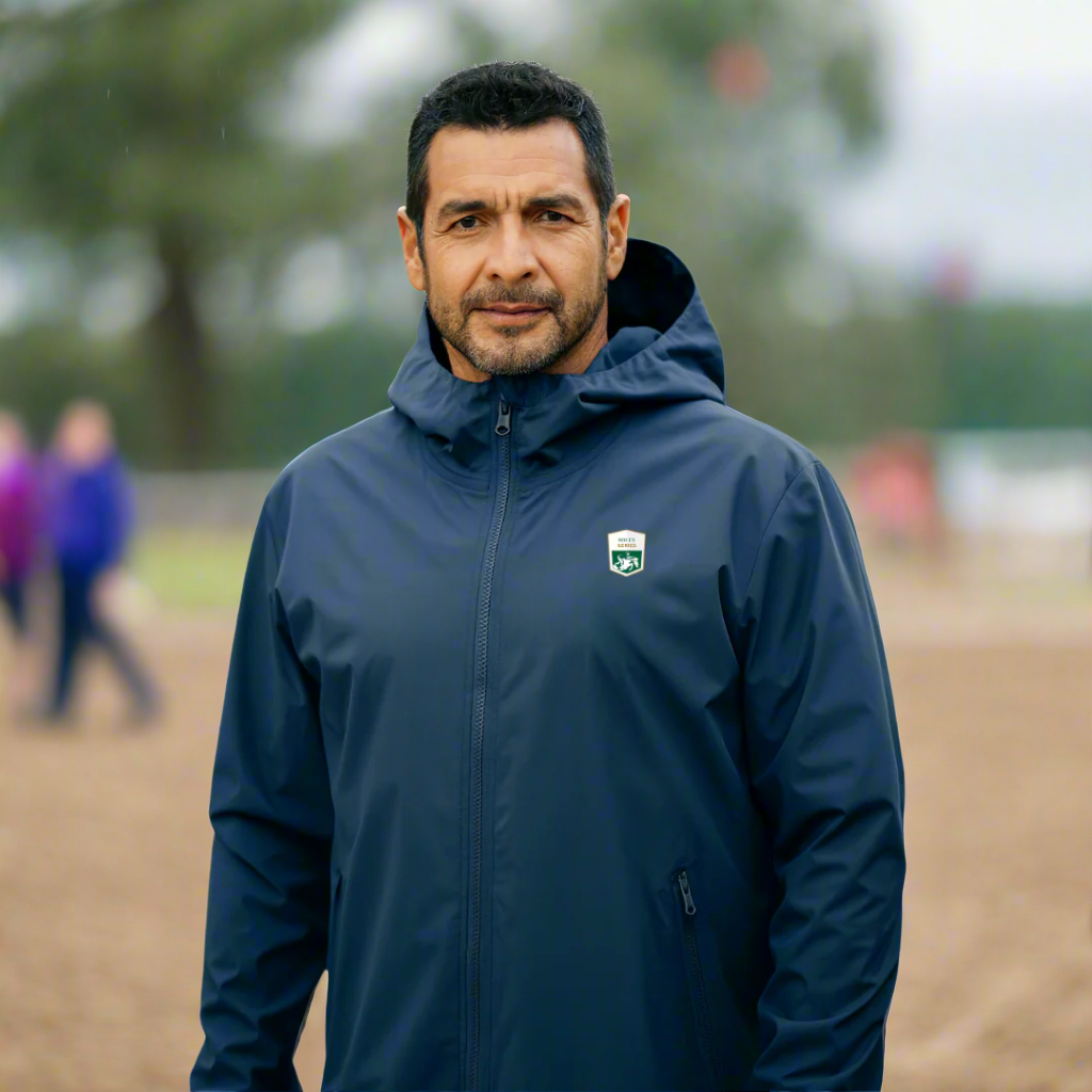 man wearing blue rolex series equestrian raincoat with logo