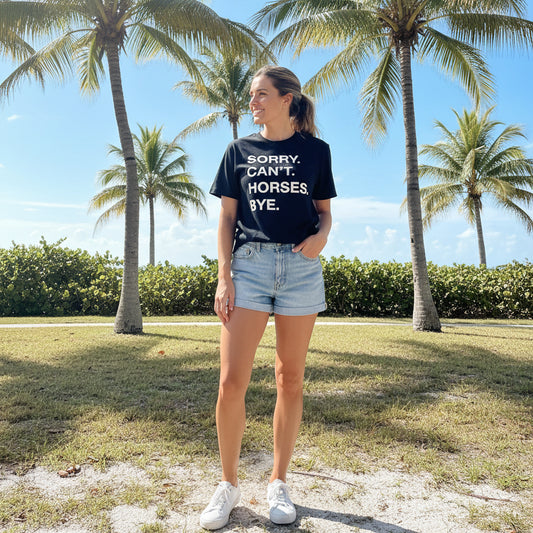 Woman wearing Cant Sorry Horses Bye Unisex tshirt in florida
