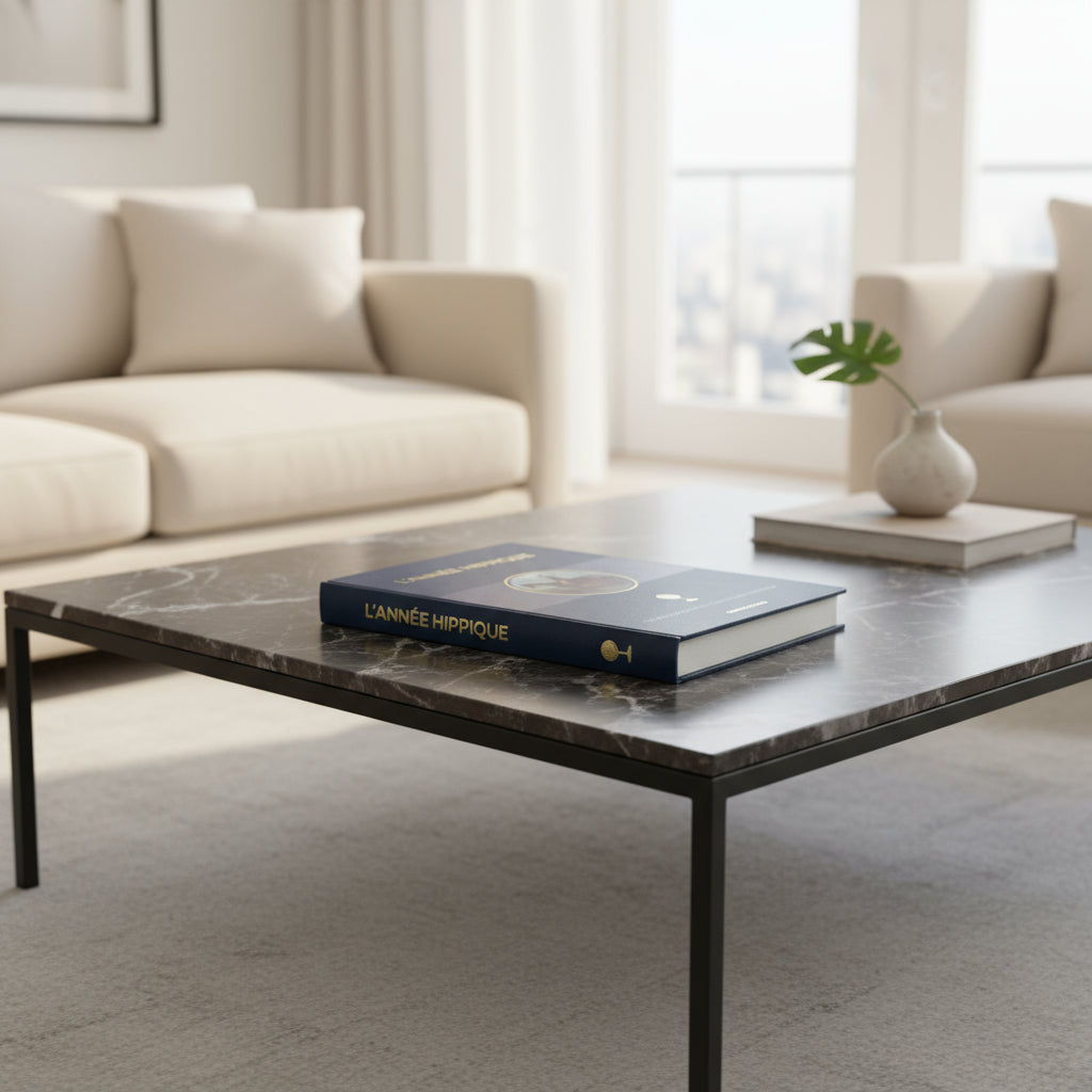 Blue book titled 'L'Année Hippique' with equestrian illustration on a coffee table