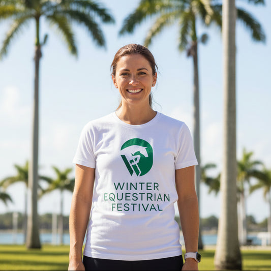 woman wearing WEF logo t-shirt in white