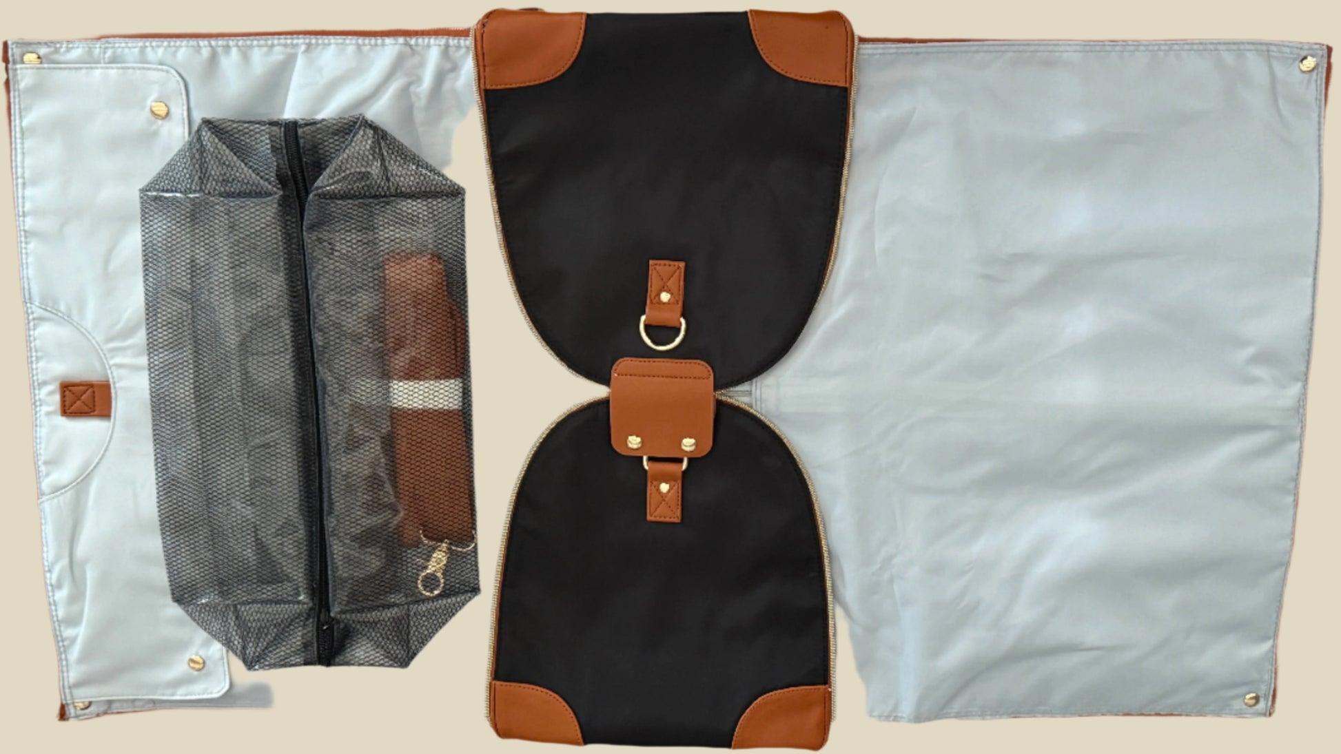 Black and brown leather bag with a plastic shoe bag and shoulder strap, on a tan background