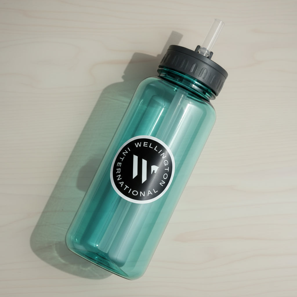 wellington international sticker on a blue water bottle 