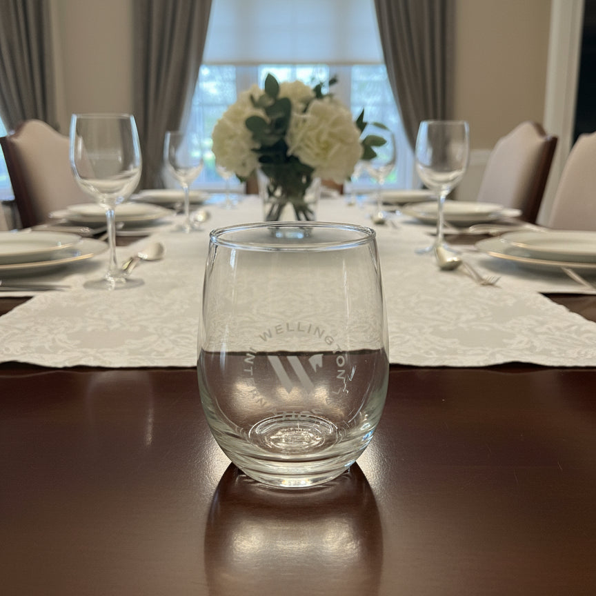 Wellington International stemless wine glass on a dining room table