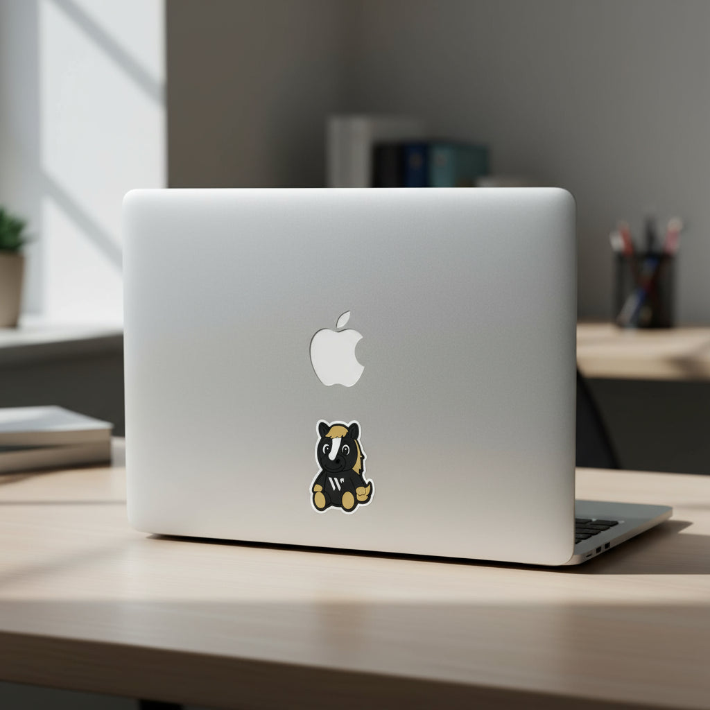 welly mascot sticker on the back of a computer