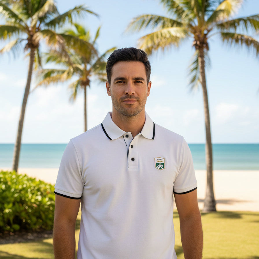 man wearing white rolex series equestrian polo