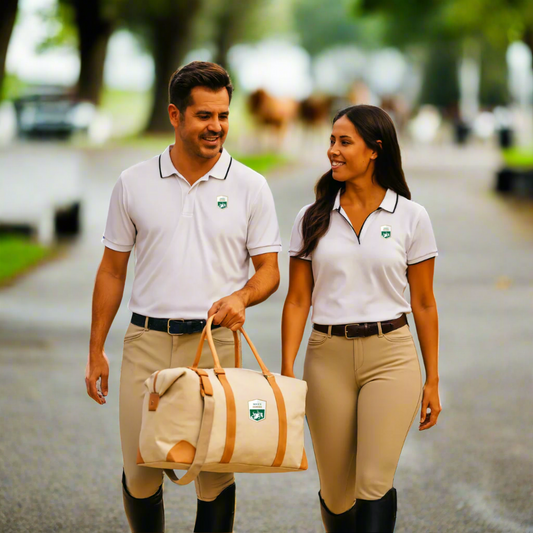 Two people in equestrian attire with a beige duffel bag outside